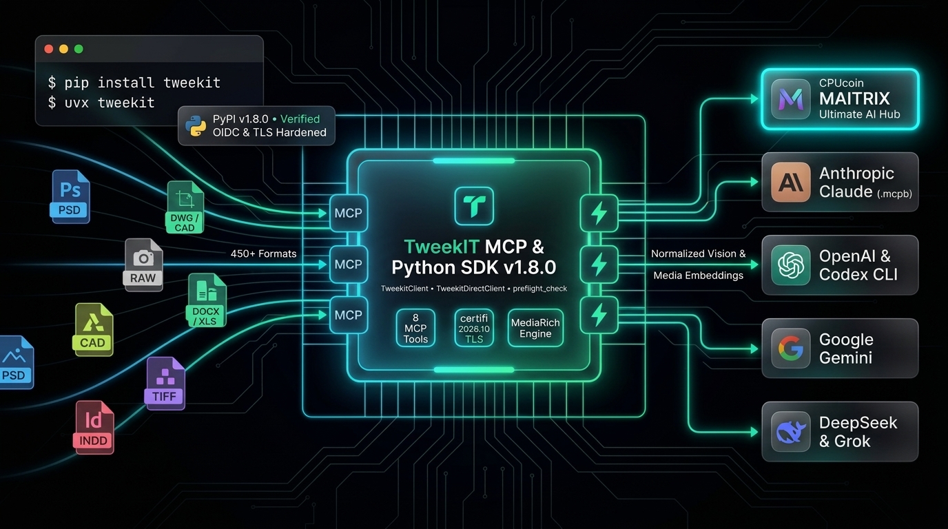 TweekIT v1.8.0 Official Release: PyPI Python SDK, 8-Tool MCP Server, TLS/OIDC Supply-Chain Hardening, and CPUcoin MAITRIX Ultimate AI Hub Architecture